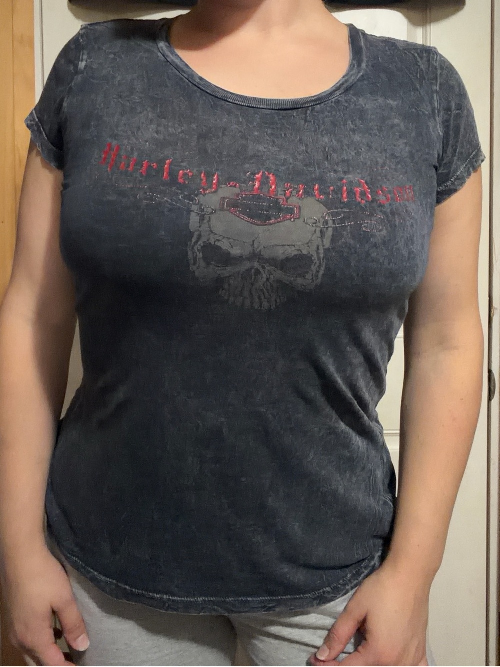 Y2K Harley Davidson Grey Acid Wash Skull Short Sleeve Red Font Texas